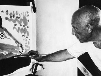 Examining rooster-themed paintings by Pablo Picasso