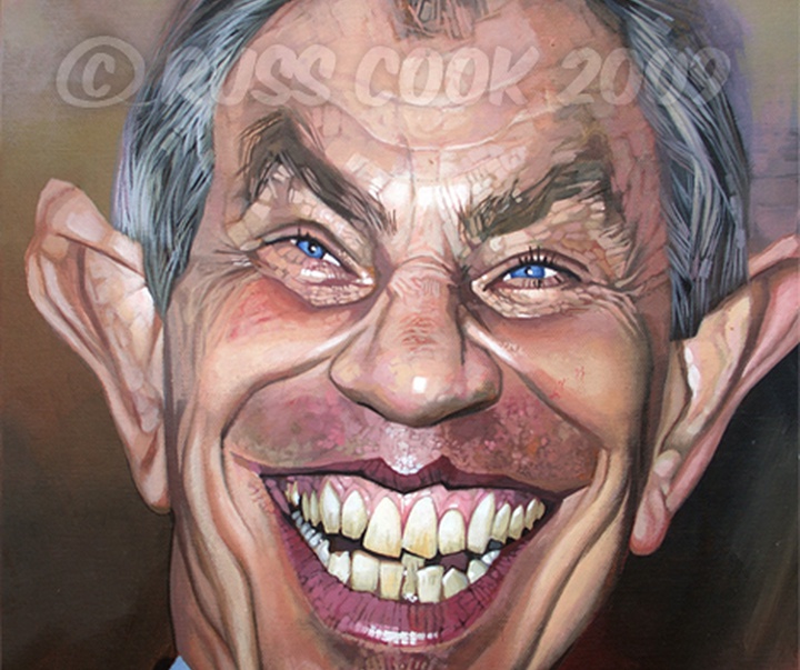 tony blair caricature russ cook painting acrylic drawing pencil