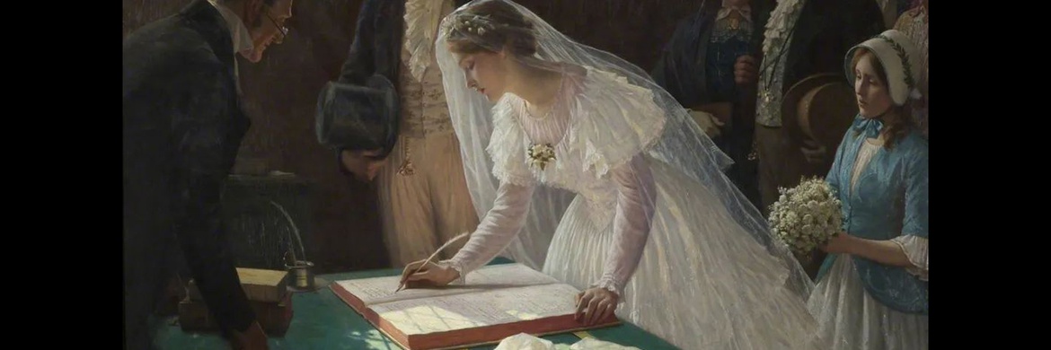 Edmund Blair Leighton portrays the declaration of love and commitment in the presence of family