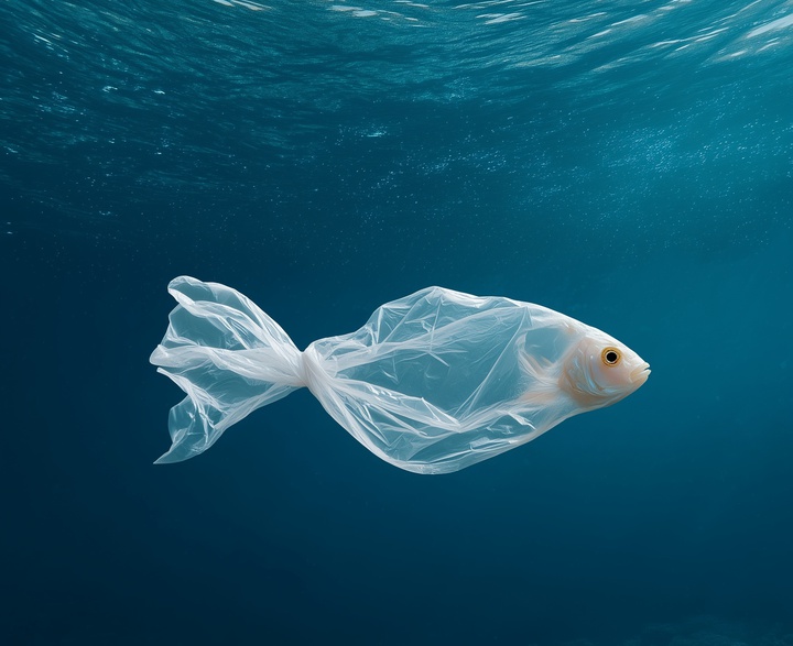 A plastic fish adrift in the sea