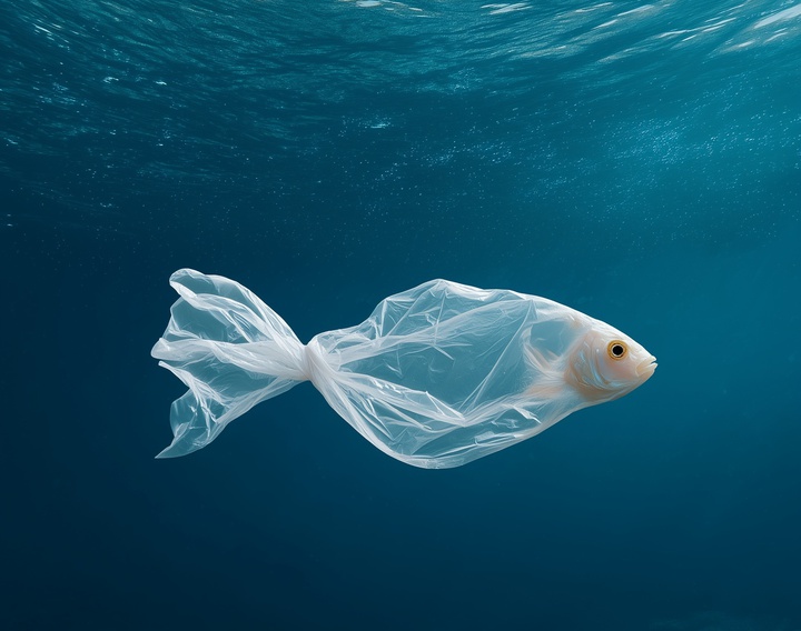 A plastic fish adrift in the sea