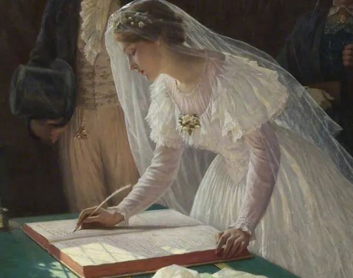 Edmund Blair Leighton portrays the declaration of love and commitment in the presence of family