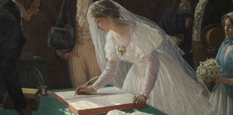 Edmund Blair Leighton portrays the declaration of love and commitment in the presence of family