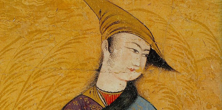What does the young man think in the ocher-colored background?