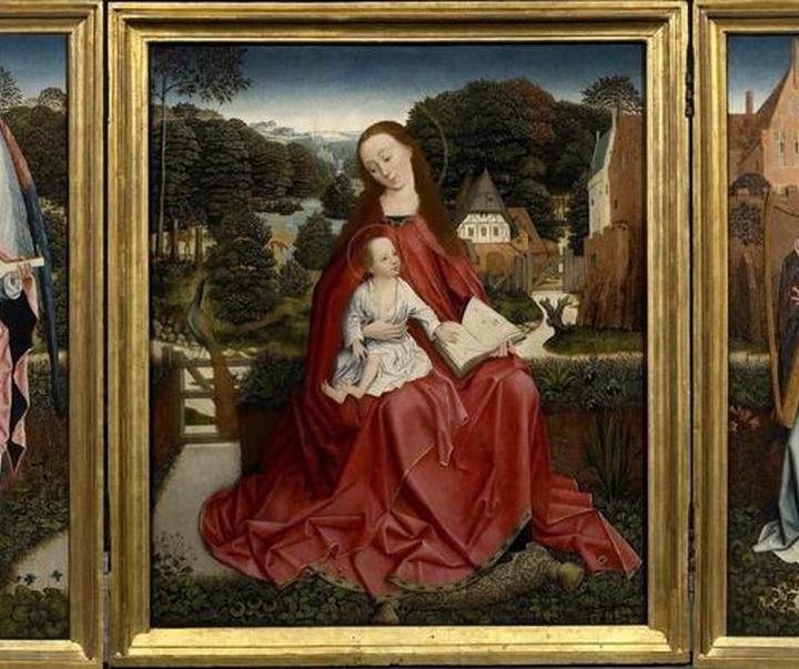 triptych of the virgin and child surrounded by musical angels ma