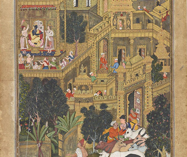 dipiction of the lord krishna in the golden city from the hariva