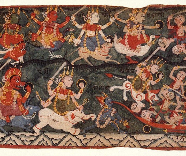 an 18th century painting of hindu goddesses matrikas fighting de