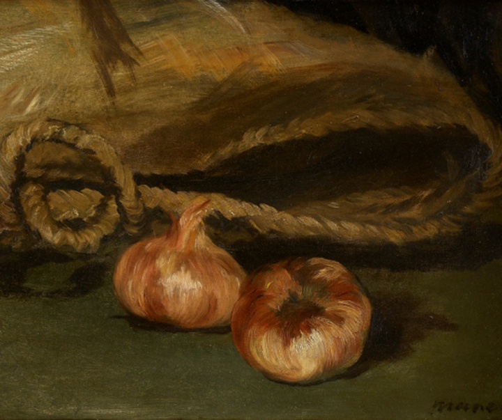 still life with tote bag and garlic by edouard manet