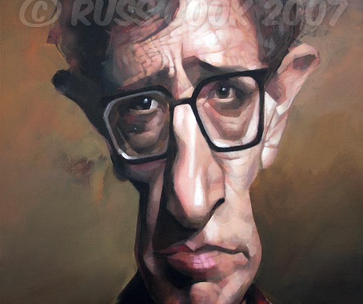 woody allen caricature russ cook painting acrylic drawing sketch